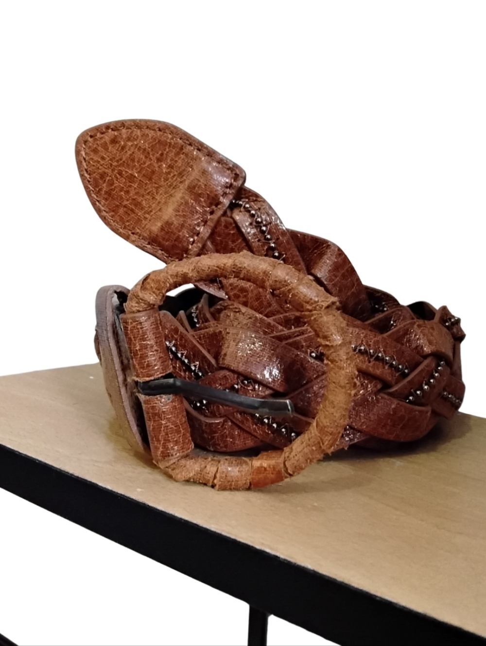 4/$20➡️ LA EXPRESS Cognac Brown Faux Leather Bead Trim Braided Belt – Size Large - Picture 2 of 11